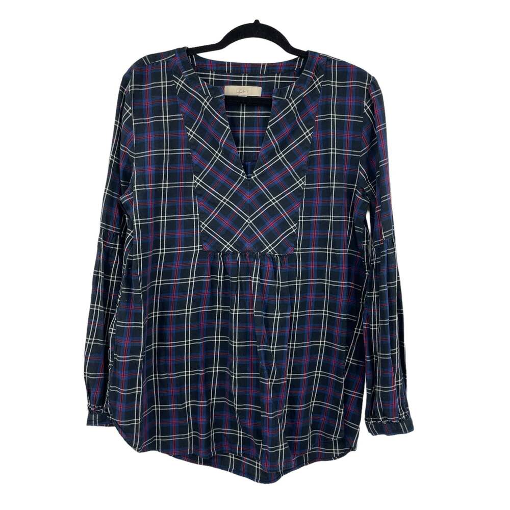 LOFT Shirt Womens Large Plaid Long Sleeve Top Blouse Cotton Blue Black